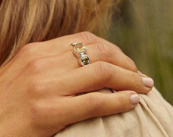 Silver and Citrine Silver Ring with Peridot, Natural Gemstone Statement Ring, November Birthstone, 925 Silver