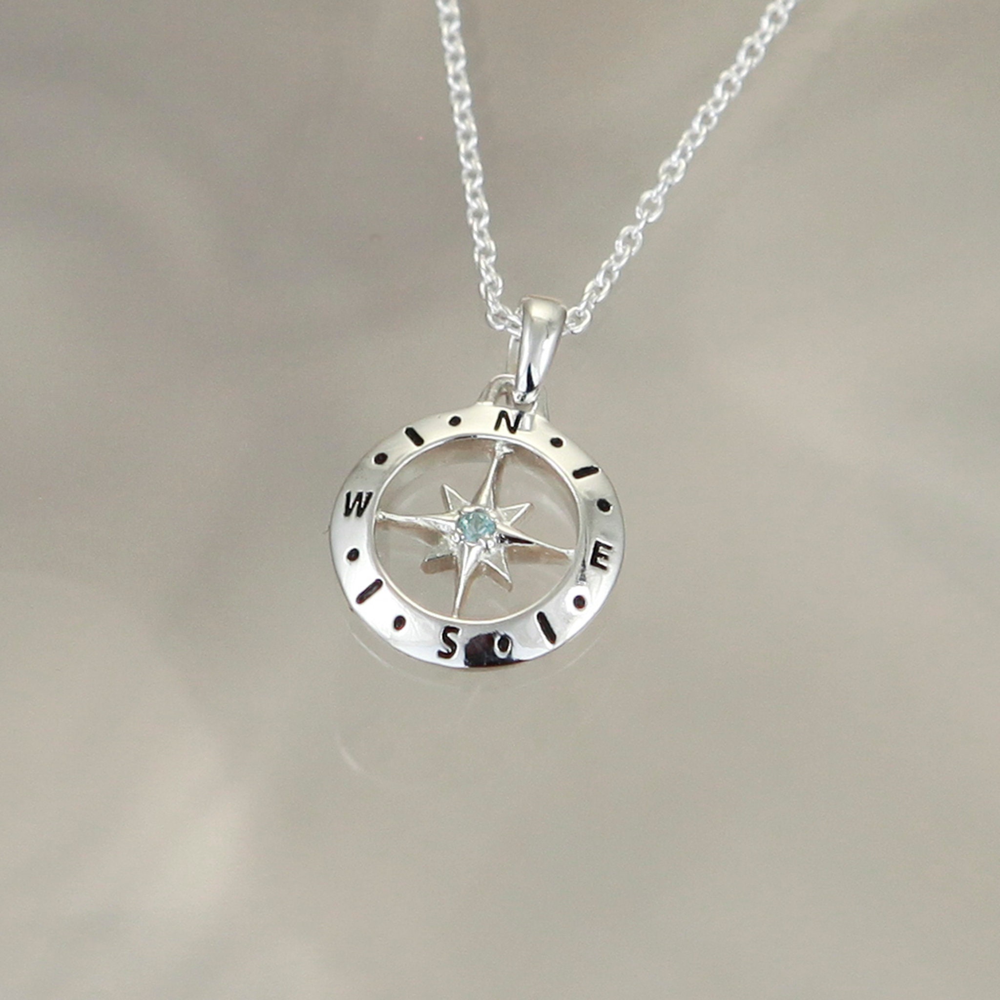 Silver Reversible Compass Necklace With Aquamarine Birthstone Etsy