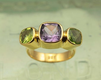 Gold Amethyst & Peridot Gemstone Ring, Multistone Ring, Gold Amethyst Statement Ring,