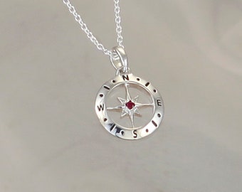 July Birthstone Reversible Compass Necklace in Sterling Silver With Genuine Ruby Gemstone