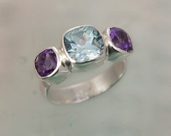 Blue Topaz and Amethyst Ring, Silver Gemstone Ring, Cocktail Ring, 925 Silver