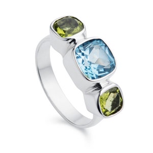 Blue Topaz and Peridot Ring, Natural Gemstone Silver Ring, Statement Ring, Cocktail Ring, 925 Silver image 4