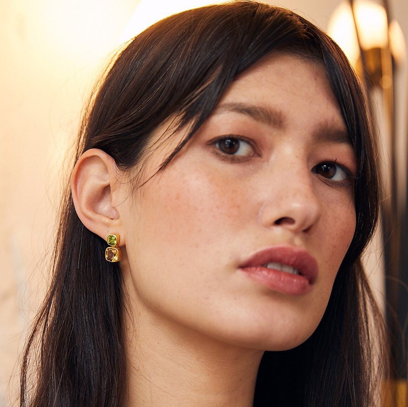 Citrine And Peridot Post Earrings, Gold Stud Earrings, Natural Gemstone Earrings, 18K Gold Vermeil image 1