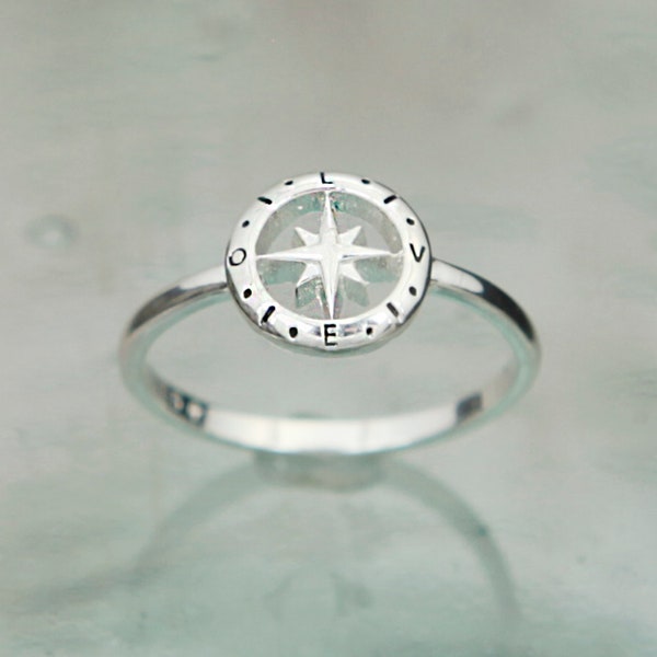SIlver Ring, Compass Ring, Travel Talisman, Nautical Jewellery, Love Message, 925 Silver