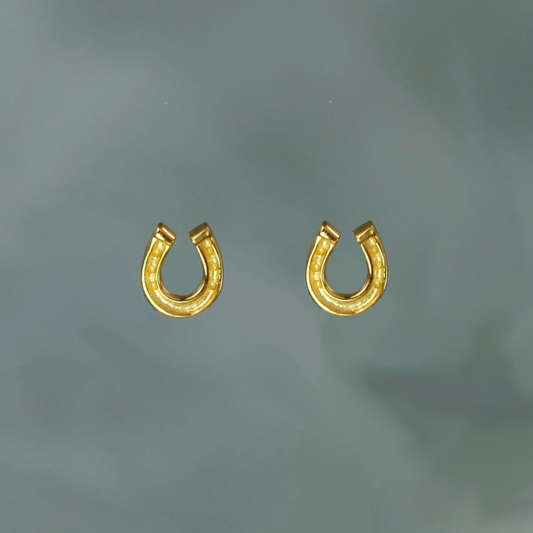 Gold Horseshoe Stud Earrings, 18K Gold Vermeil Equestrian Posts, Lucky