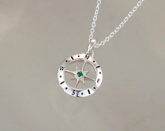 May Birthstone Compass Necklace in Sterling Silver Set with Genuine Emerald Stone, Talisman Pendant For Life's Adventure.