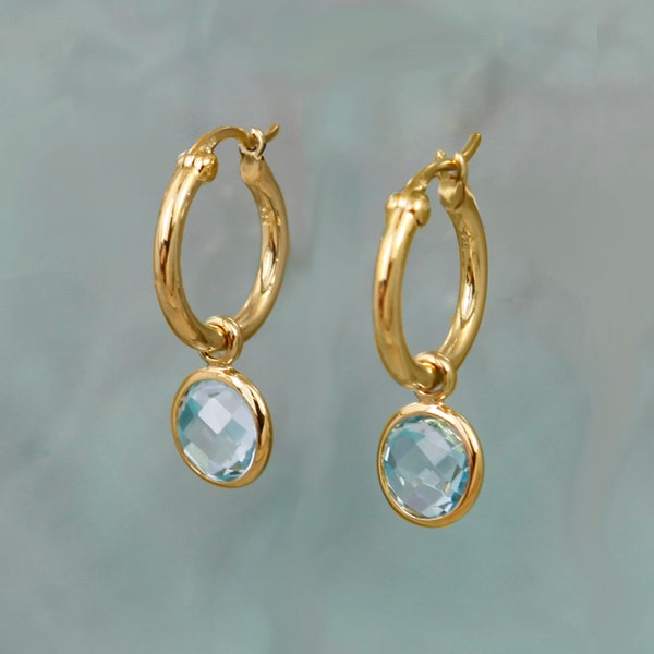 Gold Hoop Earrings, Blue Topaz Earring, Huggie Hoop Earrings, 18Ct Gold Vermeil Earring, Earring With Charm, Healing Stone Earring