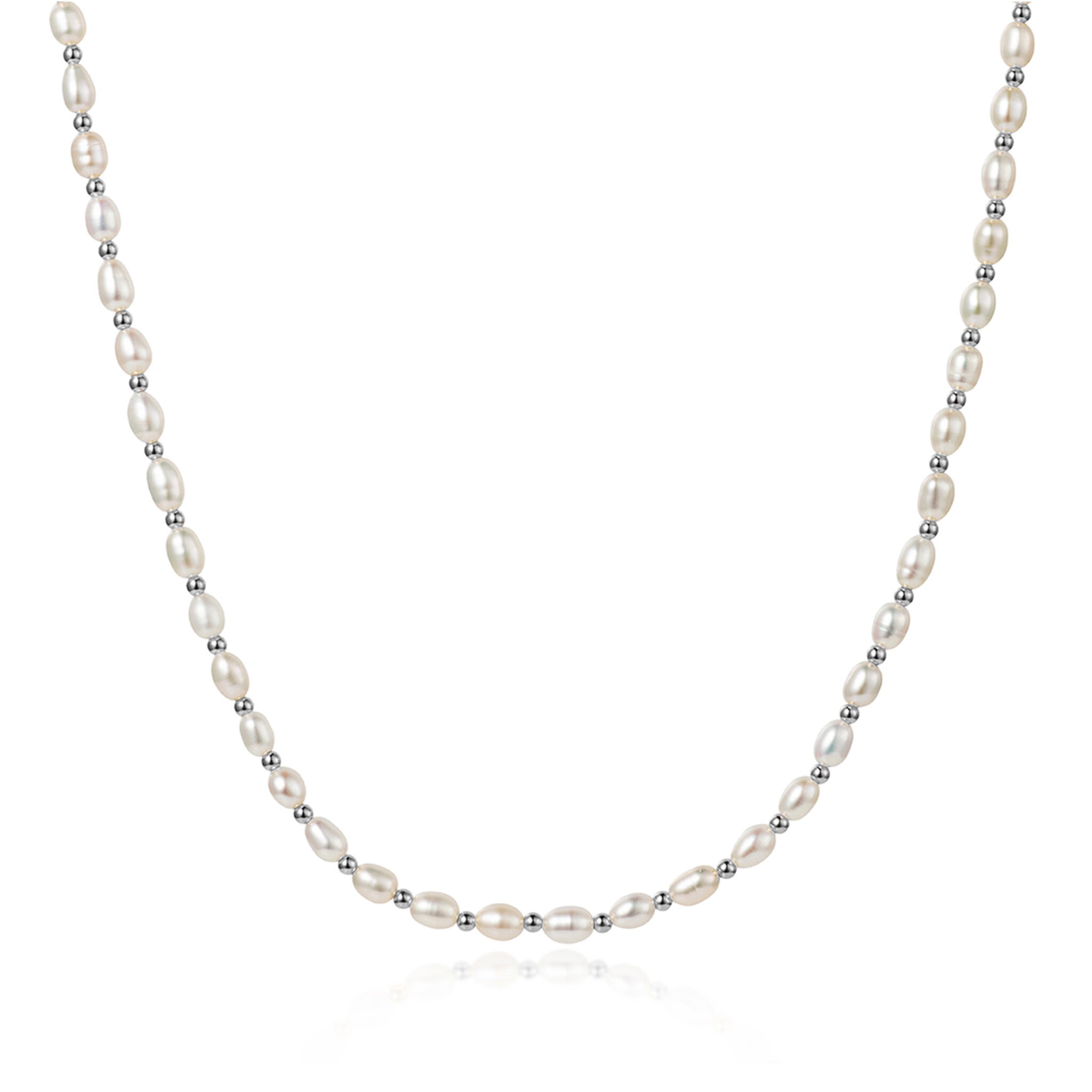 Natural Seed Pearl Necklace With Silver Beads , Beaded