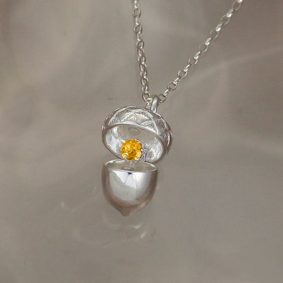 Silver Acorn Locket Natural Citrine 