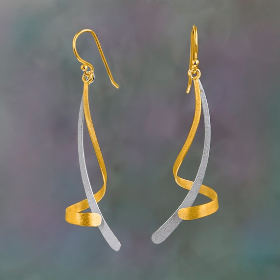Sterling Silver Twist Earrings, Long Drop Ribbon Earrings