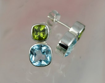 Silver Stud Earrings With Natural Blue Topaz and Amethyst Gemstones, Post Earrings, 925 Silver