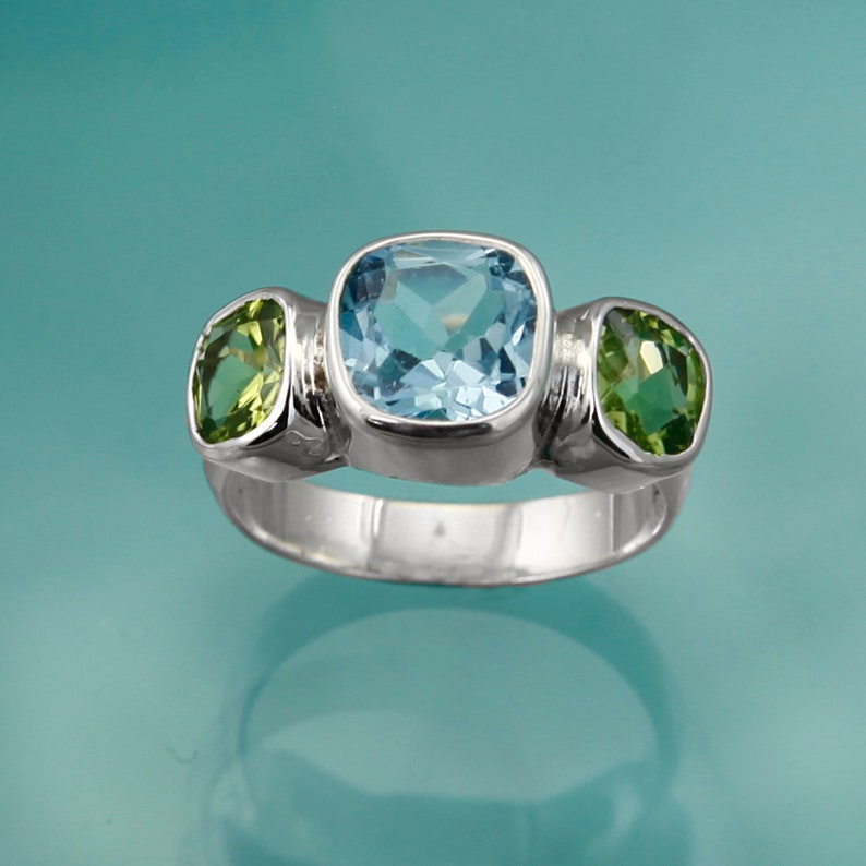 Blue Topaz and Peridot Ring, Natural Gemstone Silver Ring, Statement Ring, Cocktail Ring, 925 Silver image 2