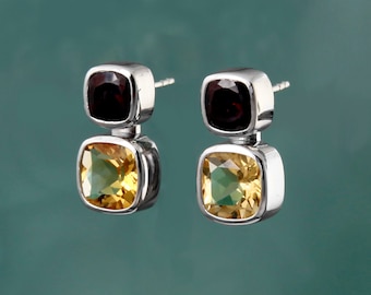 Silver Garnet and Citrine Stud Earring, Gemstone Earring, Demi-Fine Jewellery, Stud Earrings, 925 Silver