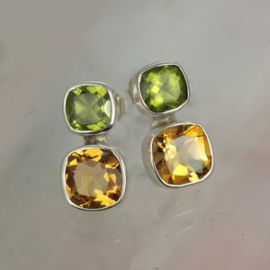 silver citrine peridot stud earrings, Genuine Citrine Earrings,
