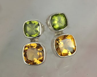 silver citrine peridot stud earrings, Genuine Citrine Earrings,