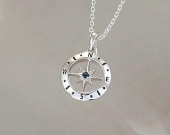 September Birthstone Reversible Necklace with Genuine Sapphire Gemstone, Compass lucky Talisman Pendant