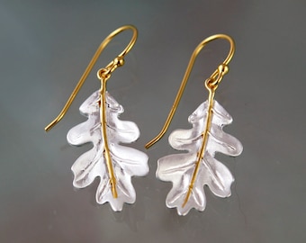 Boucles d'oreilles en argent sterling avec feuilles de chêne et détails en or 18 carats, crochets en argent, pendants d'oreilles en forme de feuille, argent 925