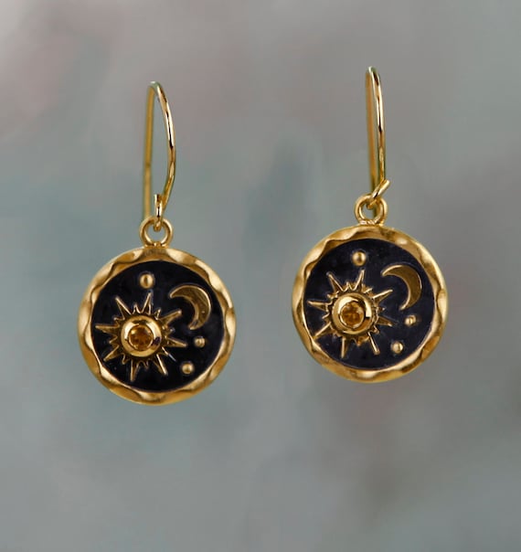 Bronze Sun and Moon Dangle Drop Earrings with Bronze French Ear Hooks 
