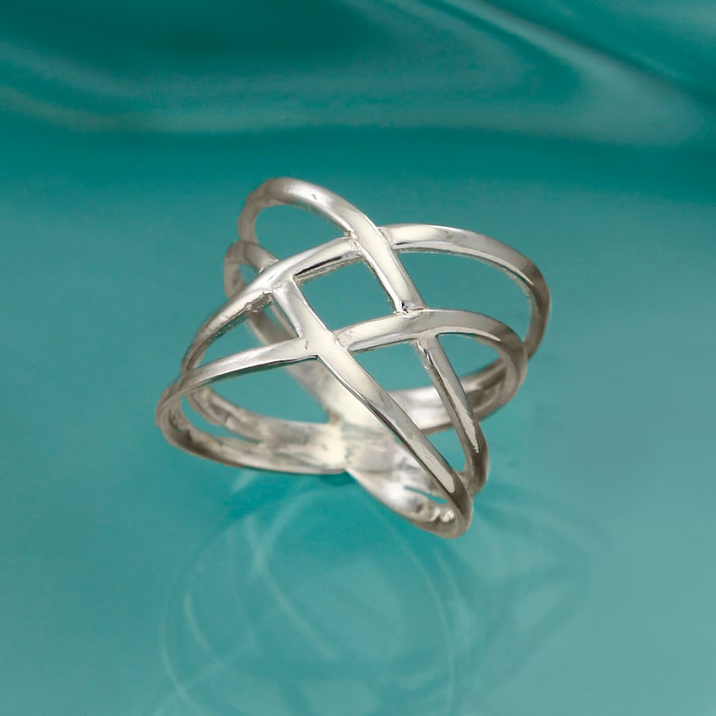 Large Silver Band Ring With Criss Cross Design, Wide Ring, Muti-Band Ring, 925 Silver image 2