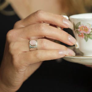 Hammered Sterling Silver Rose Quartz Ring - Wide Band Solitaire