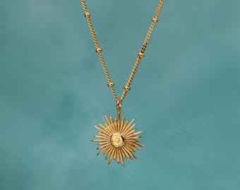 18ct Gold Vermeil Sun Necklace Pendant with Citrine Gemstone:  November Birthstone Pendant, Celestial Jewellery