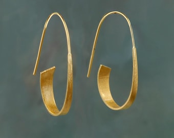 Gold Curl Hoop Earrings, Threader Earrings, Matt Gold, Unusual Hoop, Textured Hoop, Long Hoop, Gold Vermeil