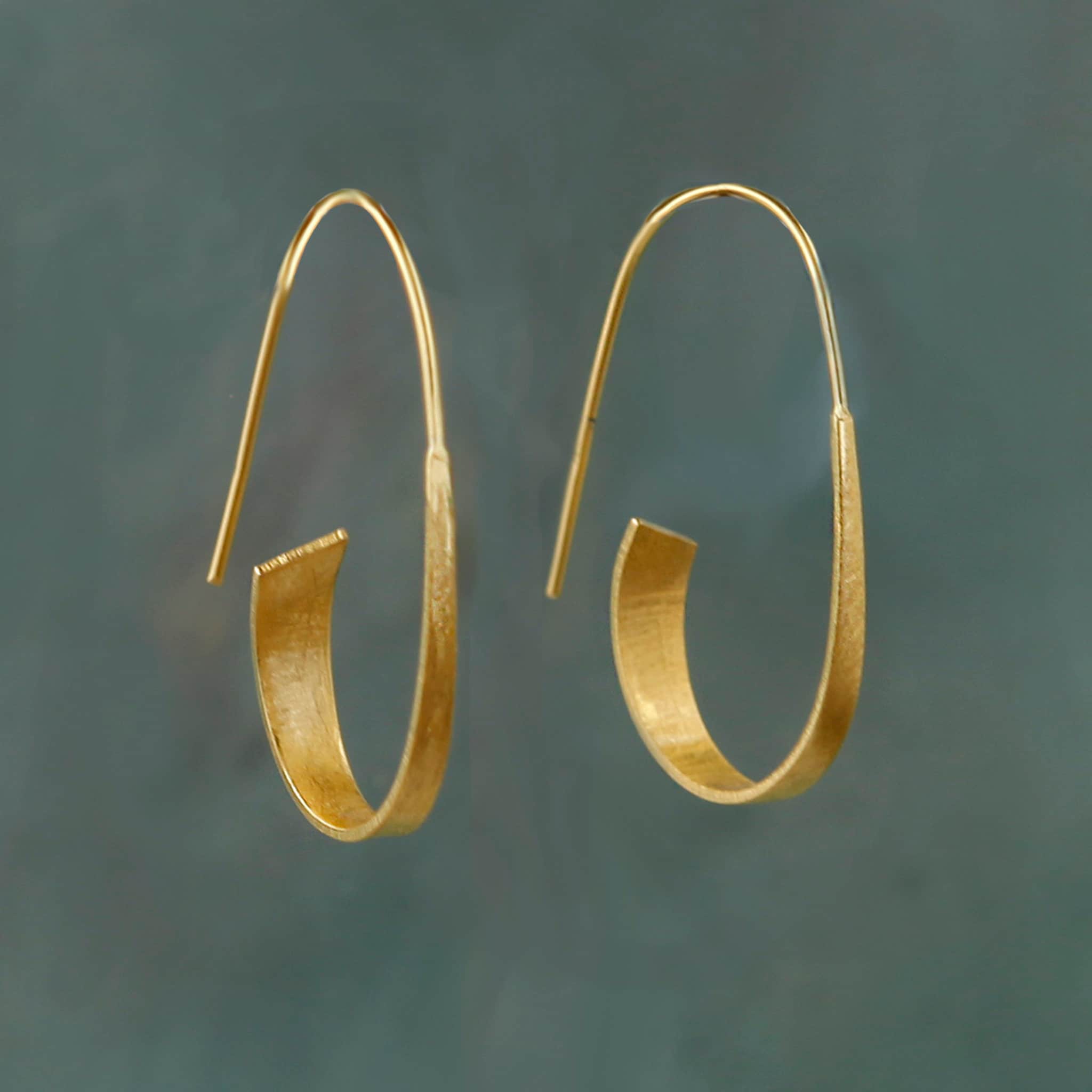Gold Curl Hoop Earrings, Threader Earrings, Matt Gold, Unusual Hoop, …