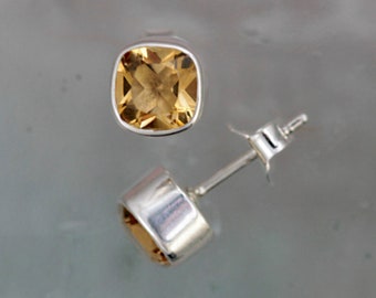 Silver Stud Earrings With Citrine Stone, Natural Citrine Post Earrings, Square Cut Natural Gemstone, Noverber Birthstone, 925 Silver