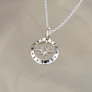 Silver Compass Necklace With Natural Peridot Gemstone, August Birthstone, 925 Silver
