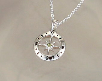 Silver Compass Necklace With Natural Peridot Gemstone, August Birthstone, 925 Silver