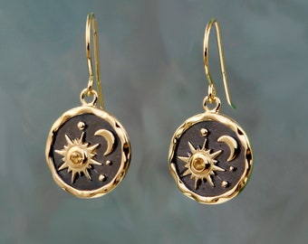 Gold Sun and Moon Earrings, Genuine Citrine, Celestial Earring, Gold Hook Earring, Gold Vermeil,
