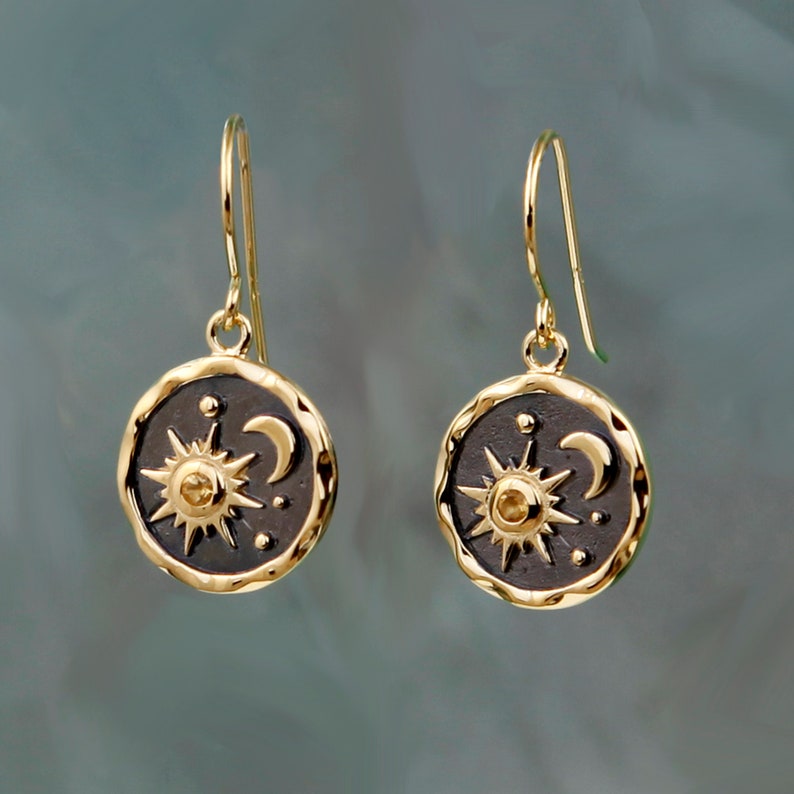 18k Gold Vermeil Sun and Moon Earrings, Natural Citrine earring, Celestial Earring, Gold Hook Earring image 2