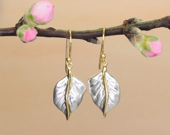 Sterling Silver & Gold Leaf Drop Earrings / Sterling Silver Earrings / Gold Vermeil Earrings