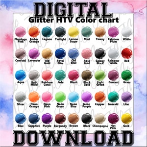 Op de afbeelding: Een digitale glitter HTV-kleurenkaart met een verscheidenheid aan kleuren, waaronder Flamingo Pink, Ember Orange, Lagoon, Twilight, Lemon Sugar, Mint, Tawny, Rainbow Plum en White. Het woord "DOWNLOAD" is ook aanwezig.