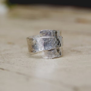 Adjustable Wide Hammered Sterling Silver Wrap over Ring