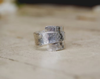 Adjustable Wide Hammered Sterling Silver Wrap over Ring