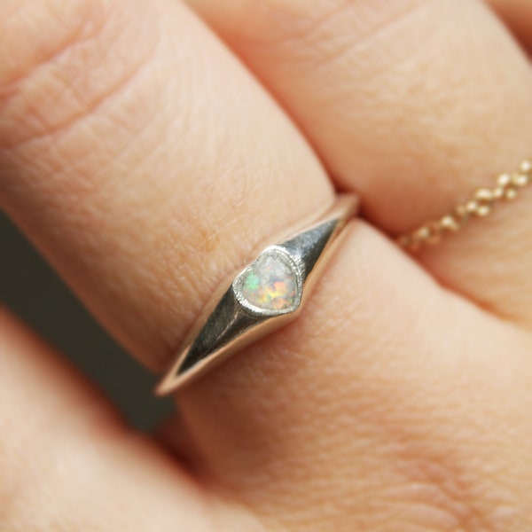 White Opal Inlay Heart Signet Ring in Recycled Sterling Silver