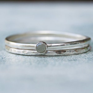 2mm Tiny Grey Diamond Sterling Silver Stacking Ring Set, Conflict Free Raw Diamond