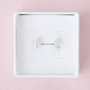 Puede incluir: Un par de pendientes de botón de hoja de plata en una caja blanca.