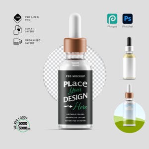Puede incluir: Botella cuentagotas de vidrio transparente con cuentagotas blanco y tapón color cobre. La botella tiene una etiqueta negra con el texto "PLACE Your DESIGN Here". La imagen también incluye iconos de PSD, Photopea y Photoshop.