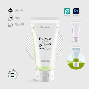 May include: A white cosmetic tube mockup with a transparent cap and a green-tinted product inside. The text "Place Your Design Here" is displayed on the front. Additional mockups and icons for editing software are also visible.