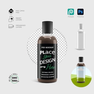 May include: A brown bottle with a black cap and a black label that says "PLACE Your DESIGN Here". The image also includes a white bottle, a bottle with a sky and grass design, and icons for PSD, Photopea, and Photoshop.