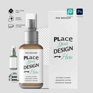 Może przedstawiać: Makieta butelki kosmetycznej i opakowania. Butelka jest brązowa ze srebrną nakrętką i białą etykietą z napisem "Place Your Design Here". Opakowanie jest białe z tym samym tekstem. Obraz zawiera ikony dla PSD, inteligentnych warstw i warstw zorganizowanych.