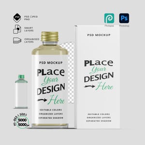 May include: A clear glass bottle with a gold cap and a white label, next to a white box. The label and box read "Place Your Design Here" in black and green. The image also includes icons for PSD, smart layers, and organized layers.