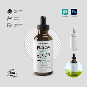 May include: A brown glass dropper bottle with a black cap and a white label that says "PLACE Your DESIGN Here". The image also includes icons for Photoshop and Photopea.