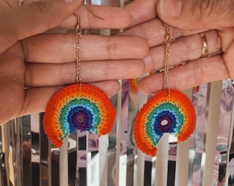 Rainbow Dangling Chain Earrings, Boho Earrings, Handmade Earrings, Hippie Earrings, Statement Earrings, Ojitos Alegres, Latina Owned