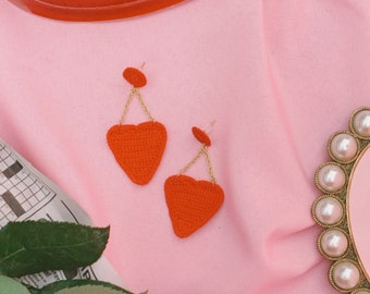 Heart Dangling Stud Crochet Earrings, Valentines Day Earrings, Handmade Earrings, Latina Owned, Valentines Day, Ojitos Alegres