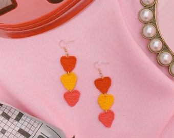 Triple Hearts Dangling Chain Crochet Earrings, Valentines Day Earrings, Handmade Earrings, Latina Owned, Valentines Day, Ojitos Alegres