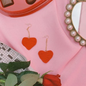 Heart Dangling Chain Crochet Earrings, Valentines Day Earrings, Handmade Earrings, Latina Owned, Valentines Day, Ojitos Alegres