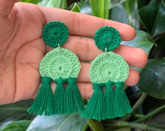 El Verde es Vida Crochet Stud Earrings, Boho Earrings, Handmade Earrings, Hippie Earrings, Statement Earrings